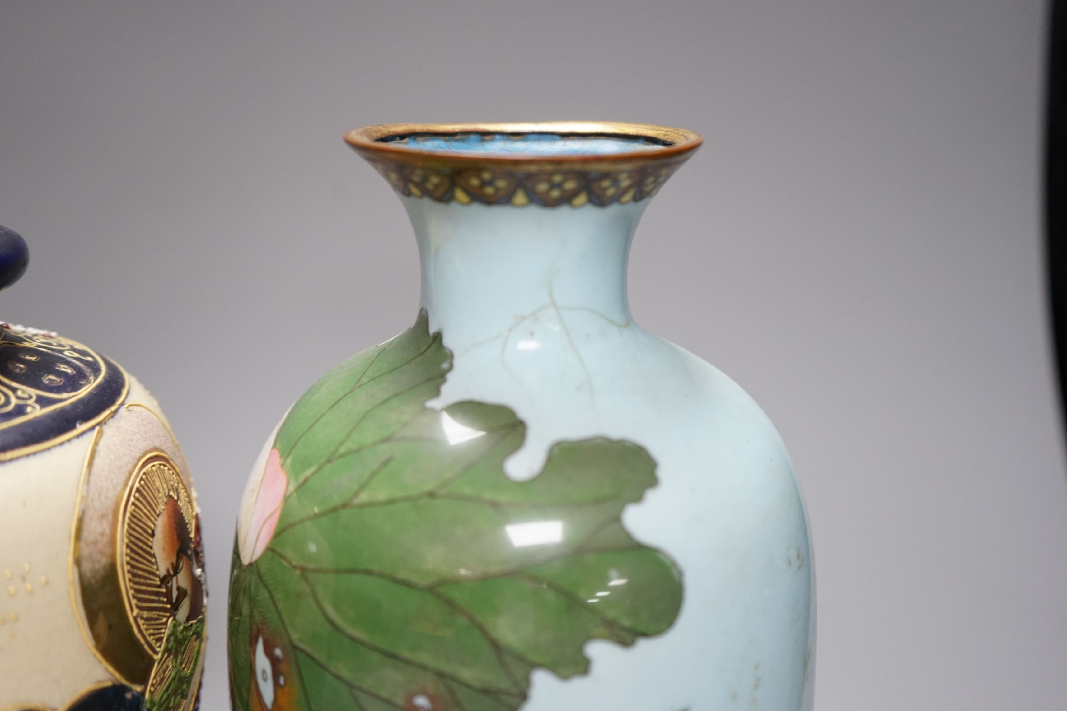 A pair of Japanese cloisonné enamel vases and a Satsuma vase (3), cloisonné vases 24cms high